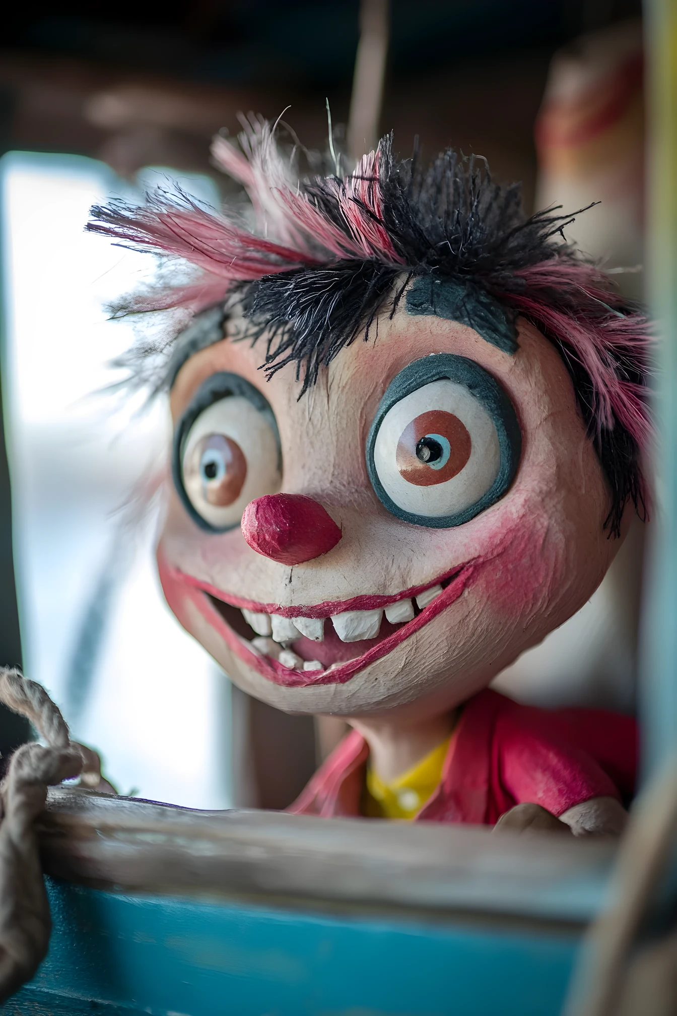 Joyful puppet sailing a boat toward a bright island