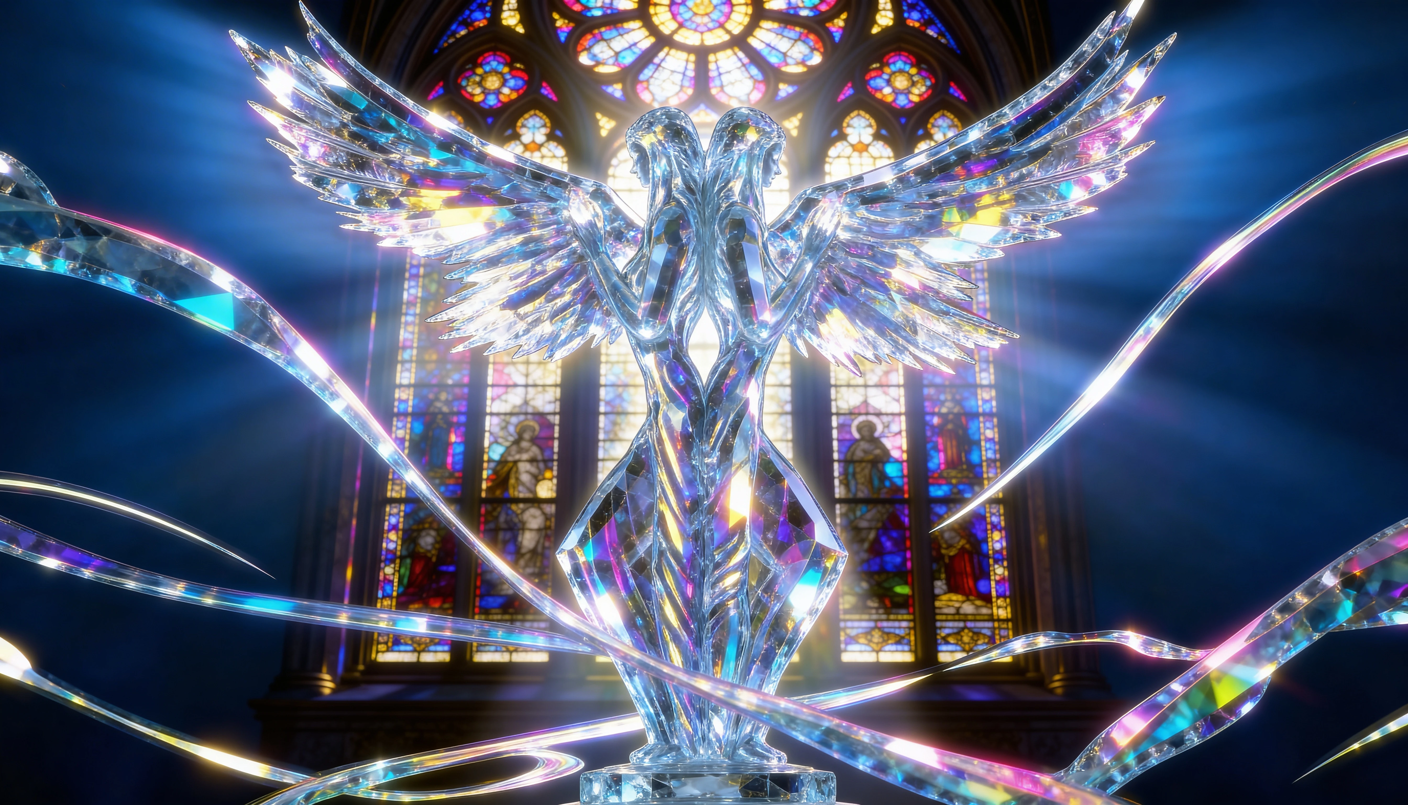 Crystal statues before a glowing stained glass cathedral window