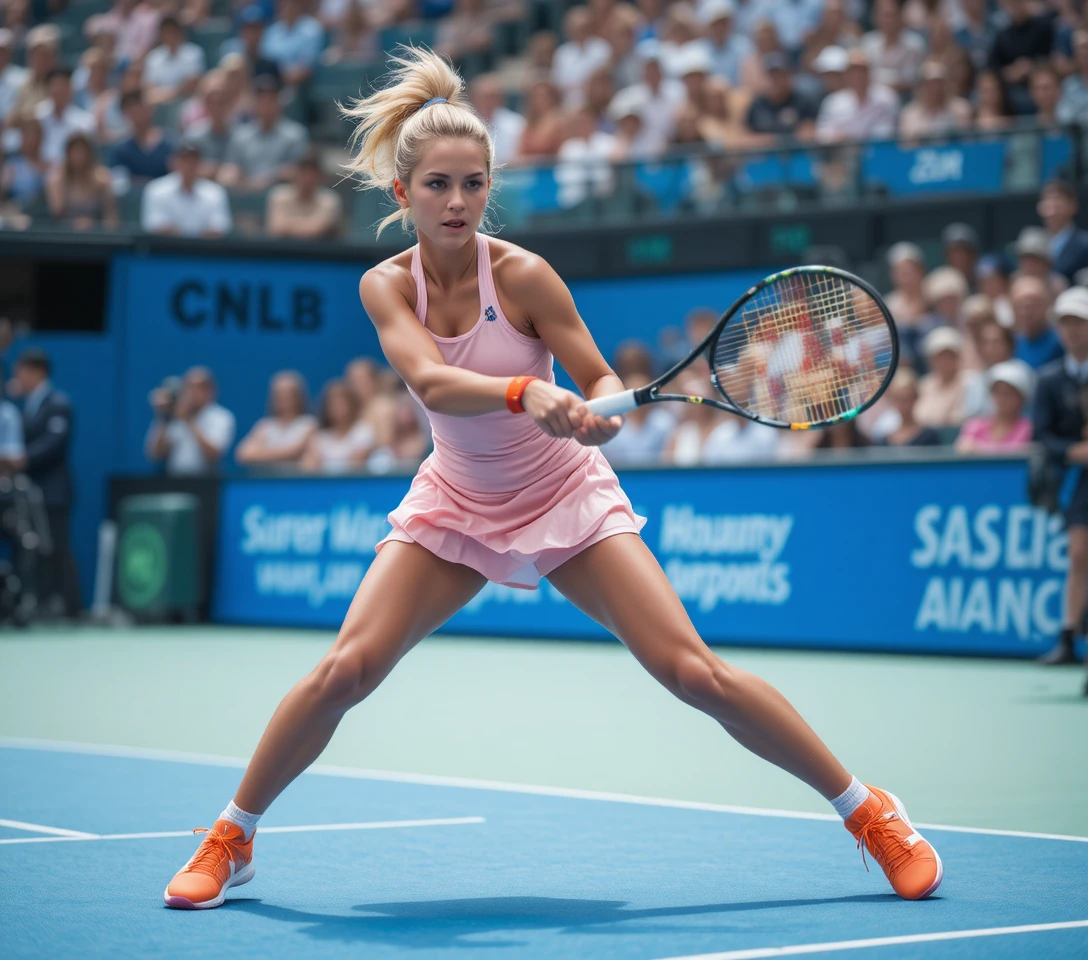 Tennista donna che colpisce su un campo esterno blu brillante