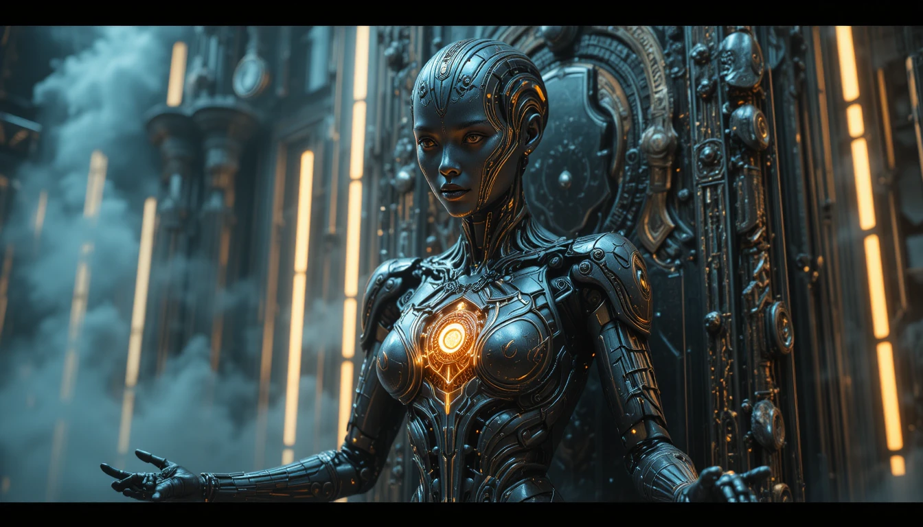 Regina robotica futuristica in una luminosa sala del trono high-tech
