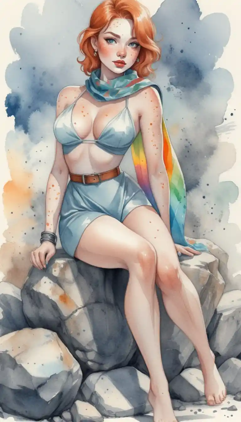 Mulher fantástica com cachecol arco-íris em rochas em aquarela