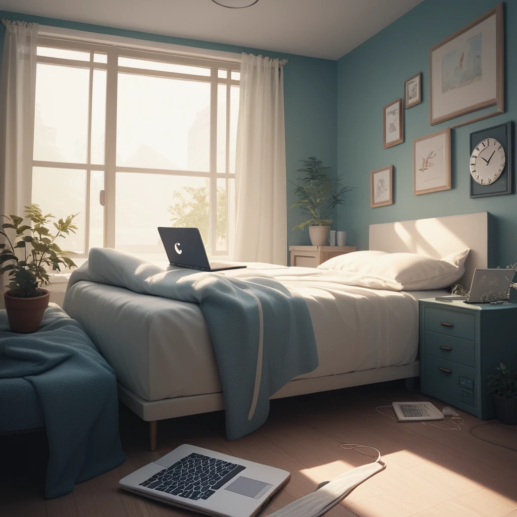 Miniature bedroom with white clock bed and small study desk