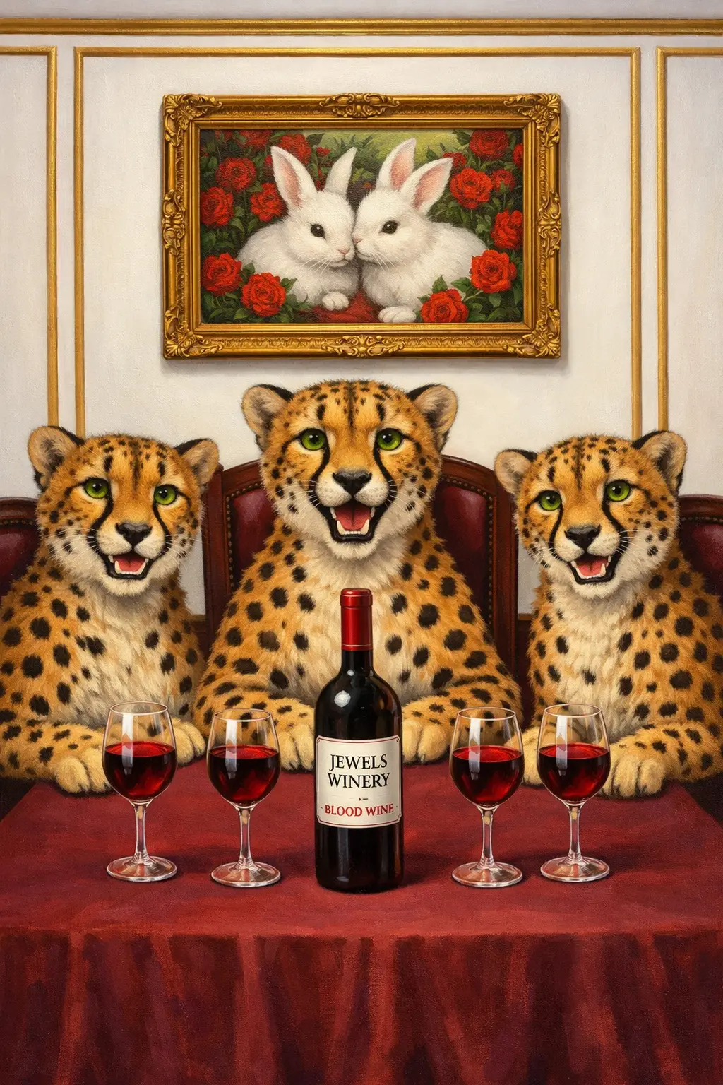 Trois guépards joyeux partageant du vin à une table de salle à manger en acajou