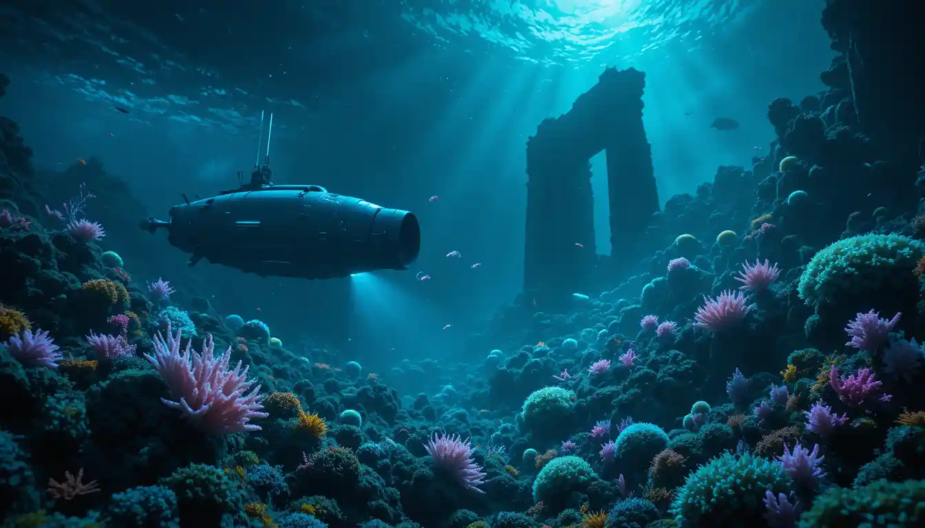 Submersible exploring bioluminescent coral in alien ocean depths
