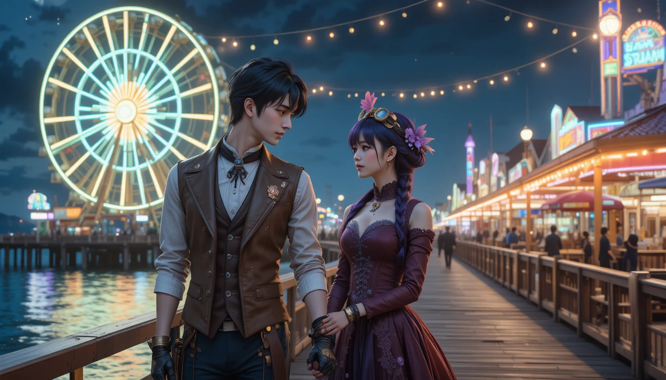 Casal steampunk de anime em parque de diversões à beira-mar à noite