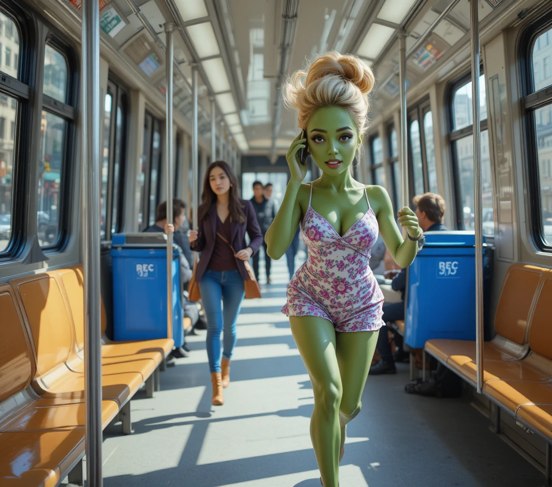 Angry green muscular woman sprinting through a sunny park