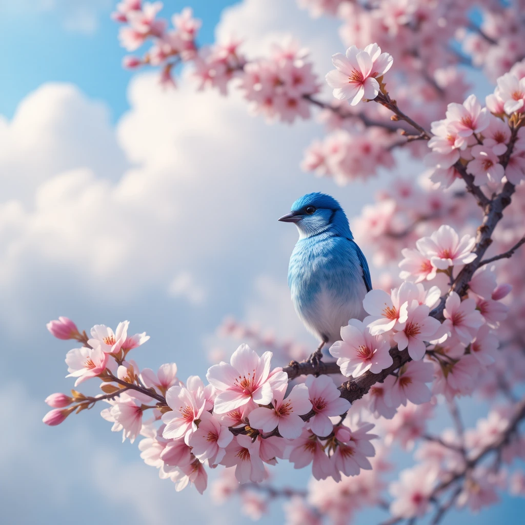 Uccellino blu sui fiori di ciliegio sotto un dolce cielo primaverile