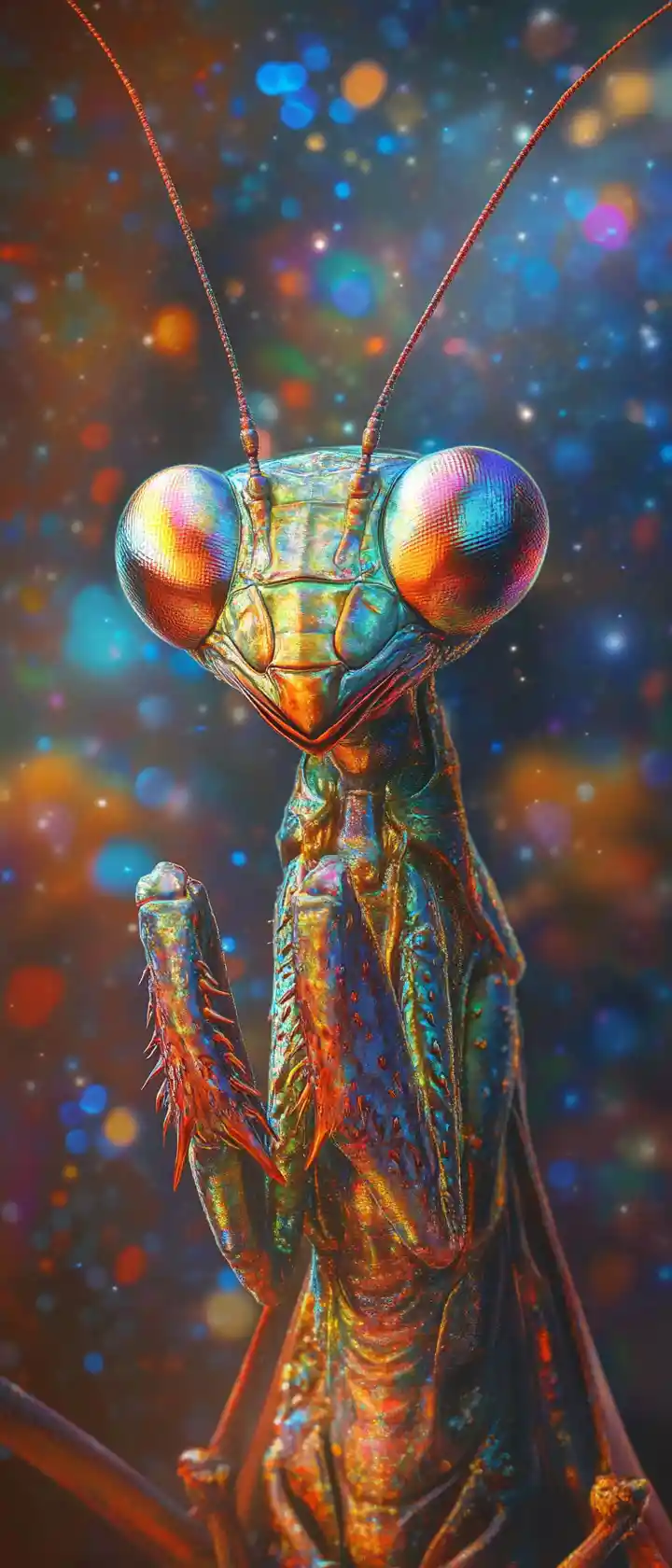 Contemplative fantasy mantis with colorful metallic shimmer