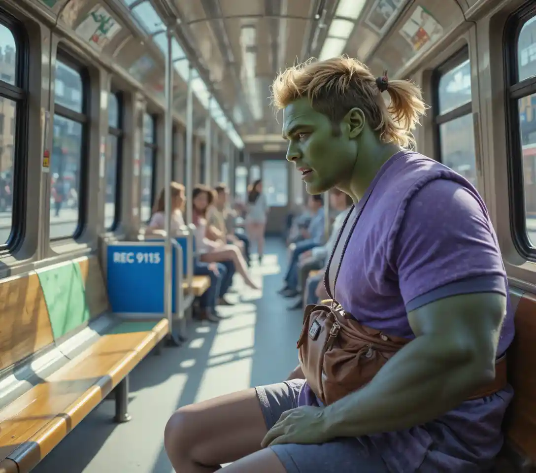 Angry green muscular man charging through a sunny park