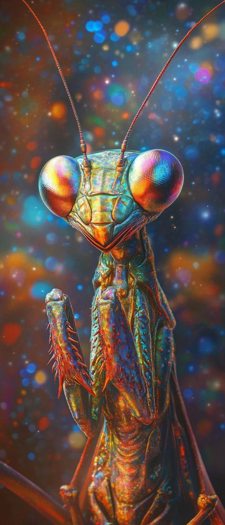 Contemplative fantasy mantis with colorful metallic shimmer