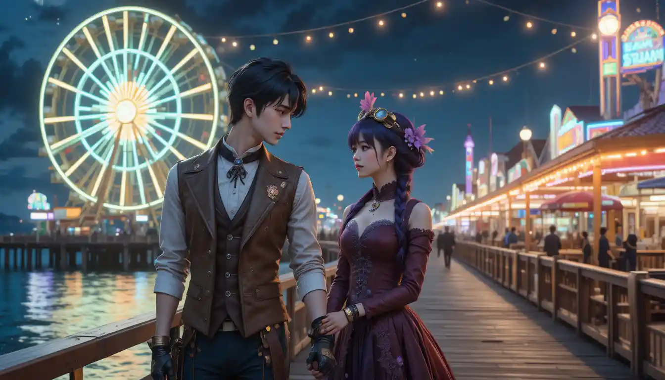 Casal steampunk de anime em parque de diversões à beira-mar à noite