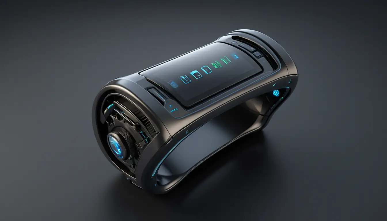 Futuristic alien wrist device with illuminated glass touchscreen