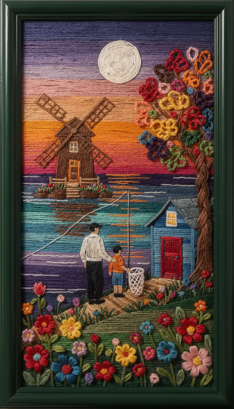Friedliche mondbeschienene Windmühlenszene in bunter String-Art