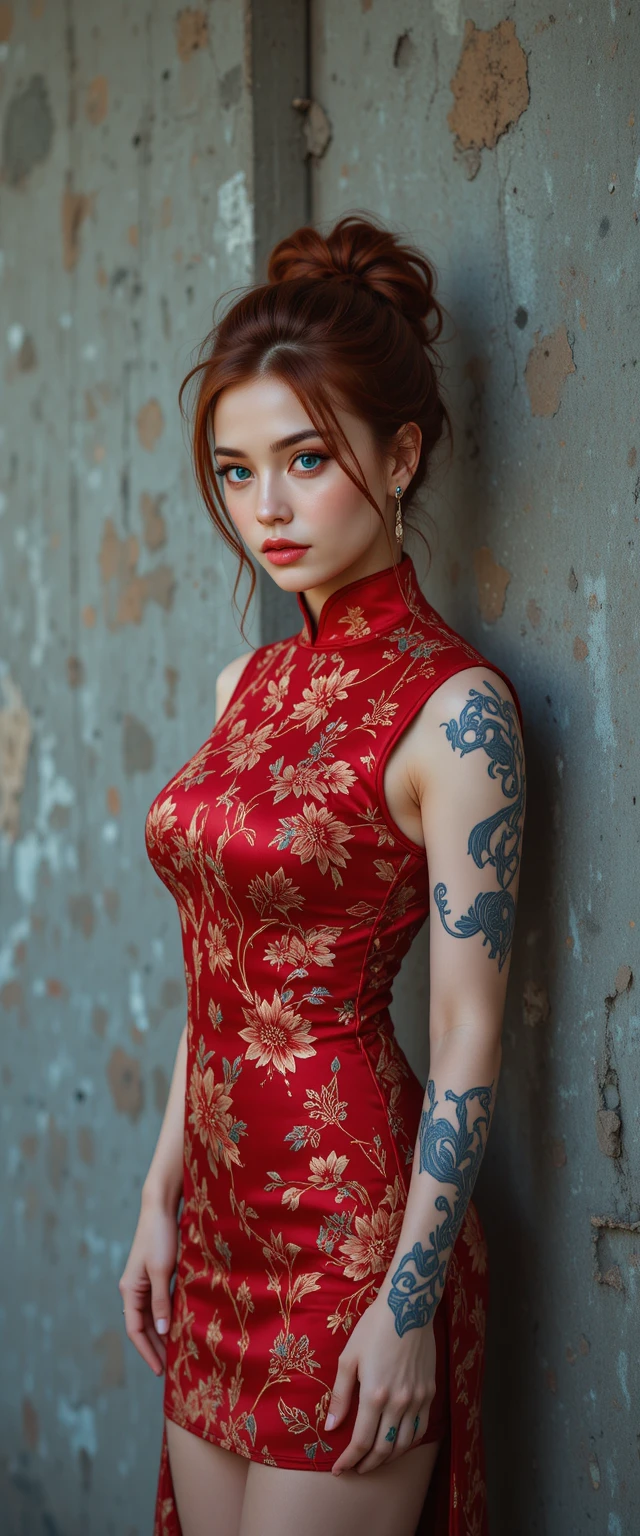 Mulher ruiva de qipao diante de parede de concreto desgastada