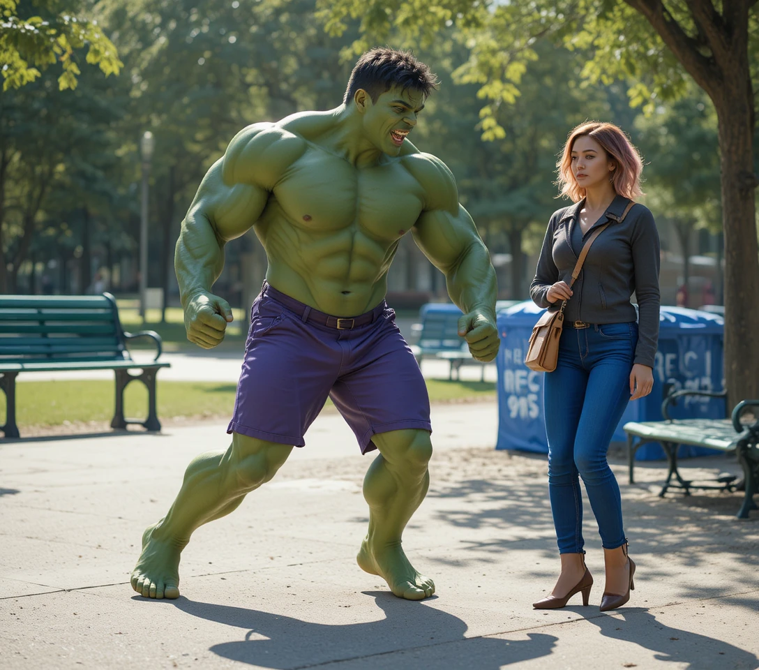 Homem verde musculoso correndo furioso por um parque ensolarado
