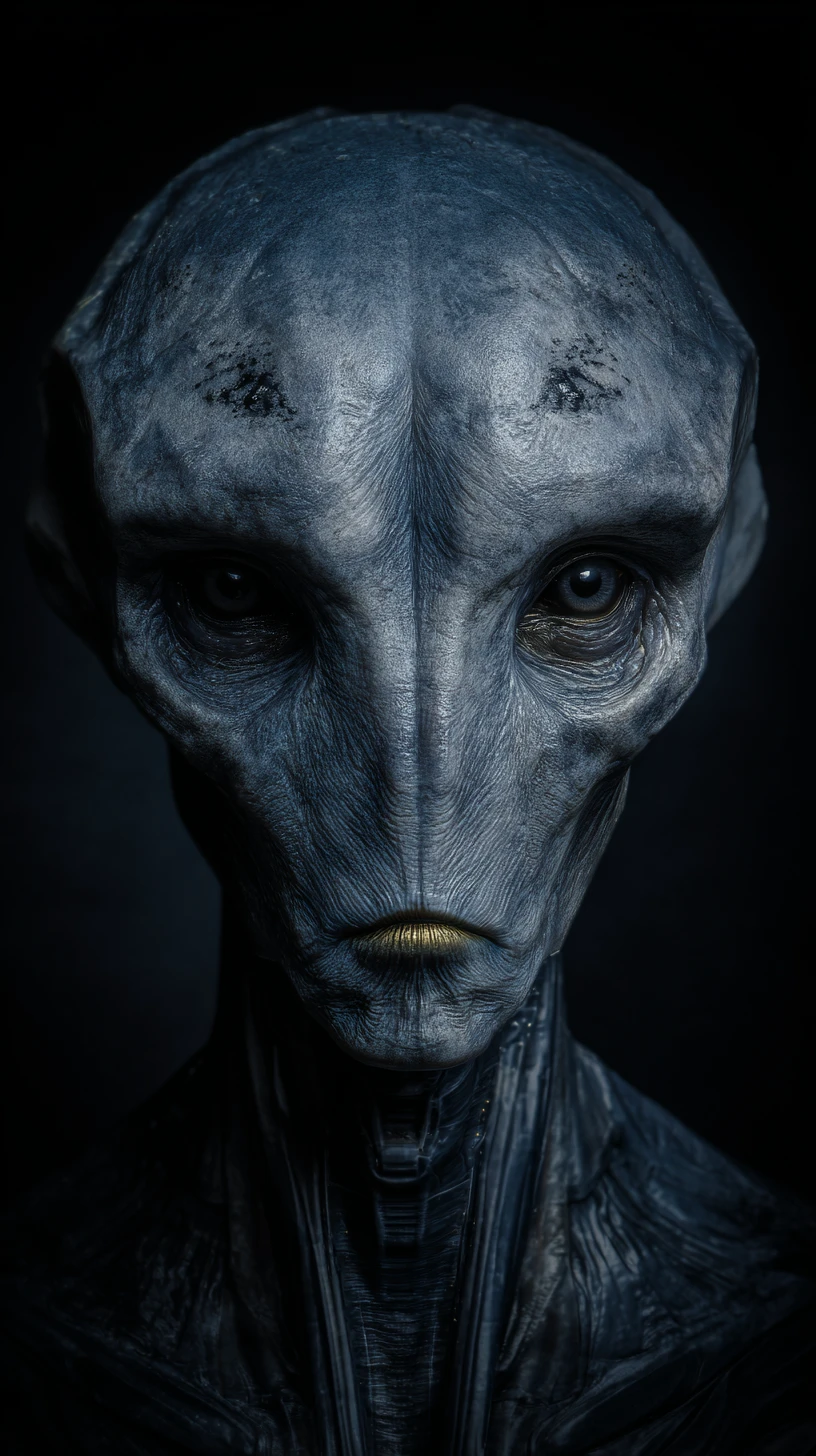 Retrato de Estúdio de Humanoide Alienígena Perturbador em Látex Preto