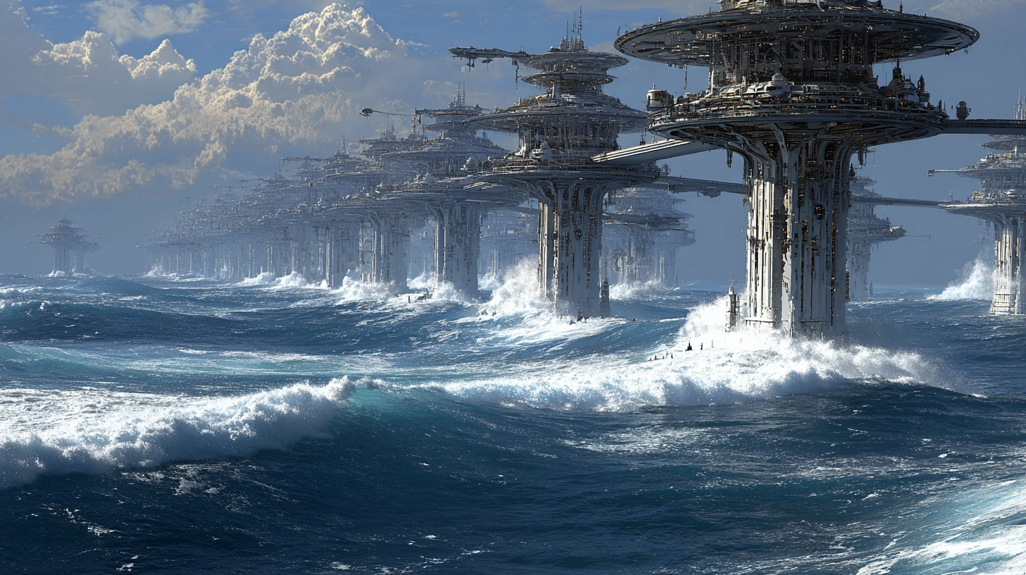 Imensas cidades oceânicas futuristas surgindo de um mundo de água tempestuoso