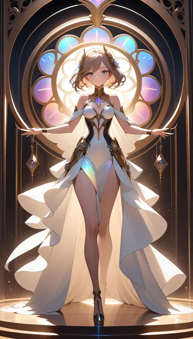 Majestätische Anime-Heldin in einem leuchtenden Steampunk-Wirbel