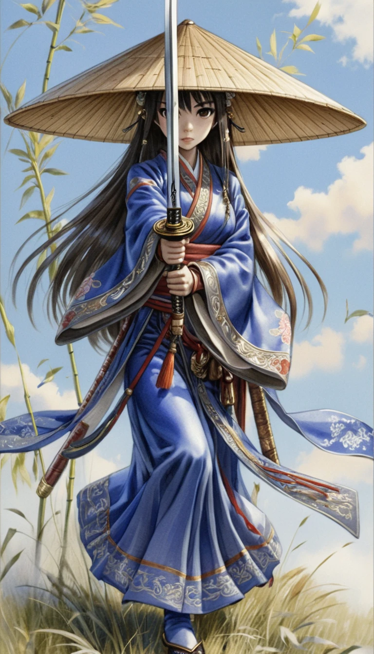Samurai mulher em anime sacando sua espada em campo ventoso