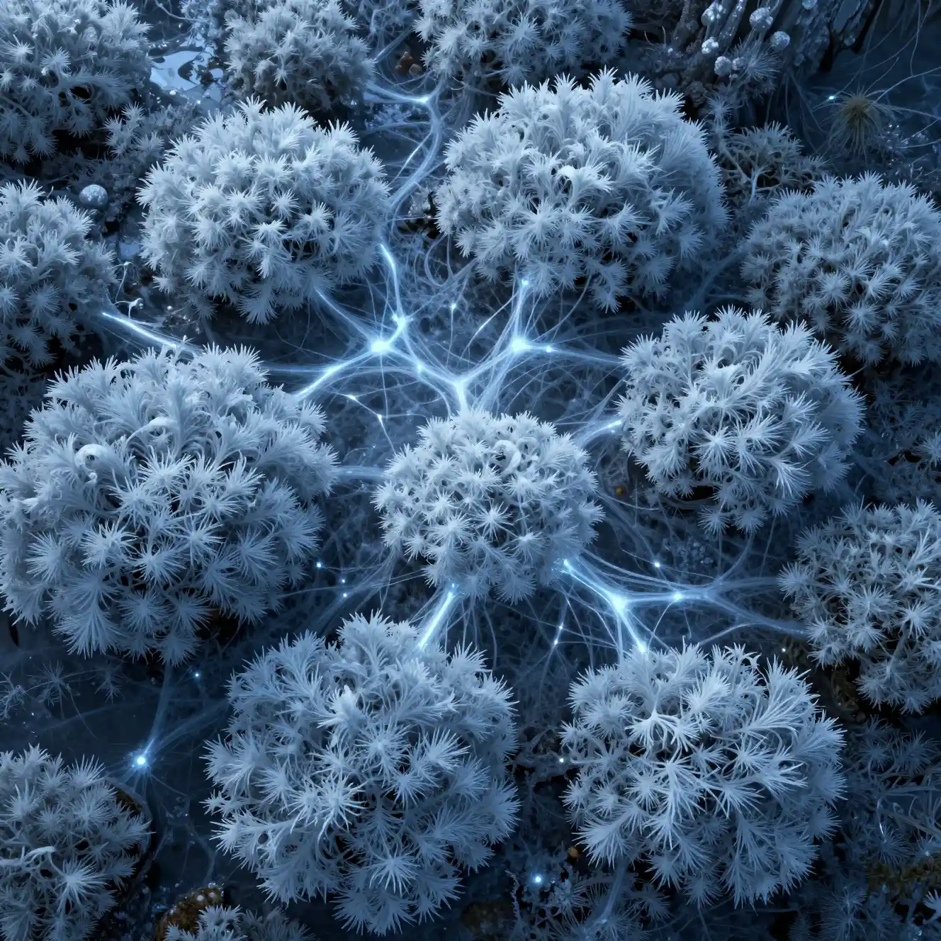 Muschio blu luminescente che forma ramificati motivi geometrici di ghiaccio