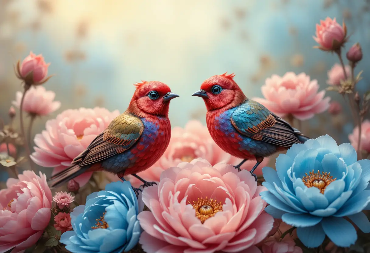 Oiseaux irisés parmi des pivoines rouges et bleues