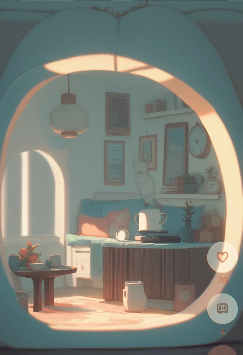 Quarto em miniatura aconchegante com relógio branco e pequena escrivaninha