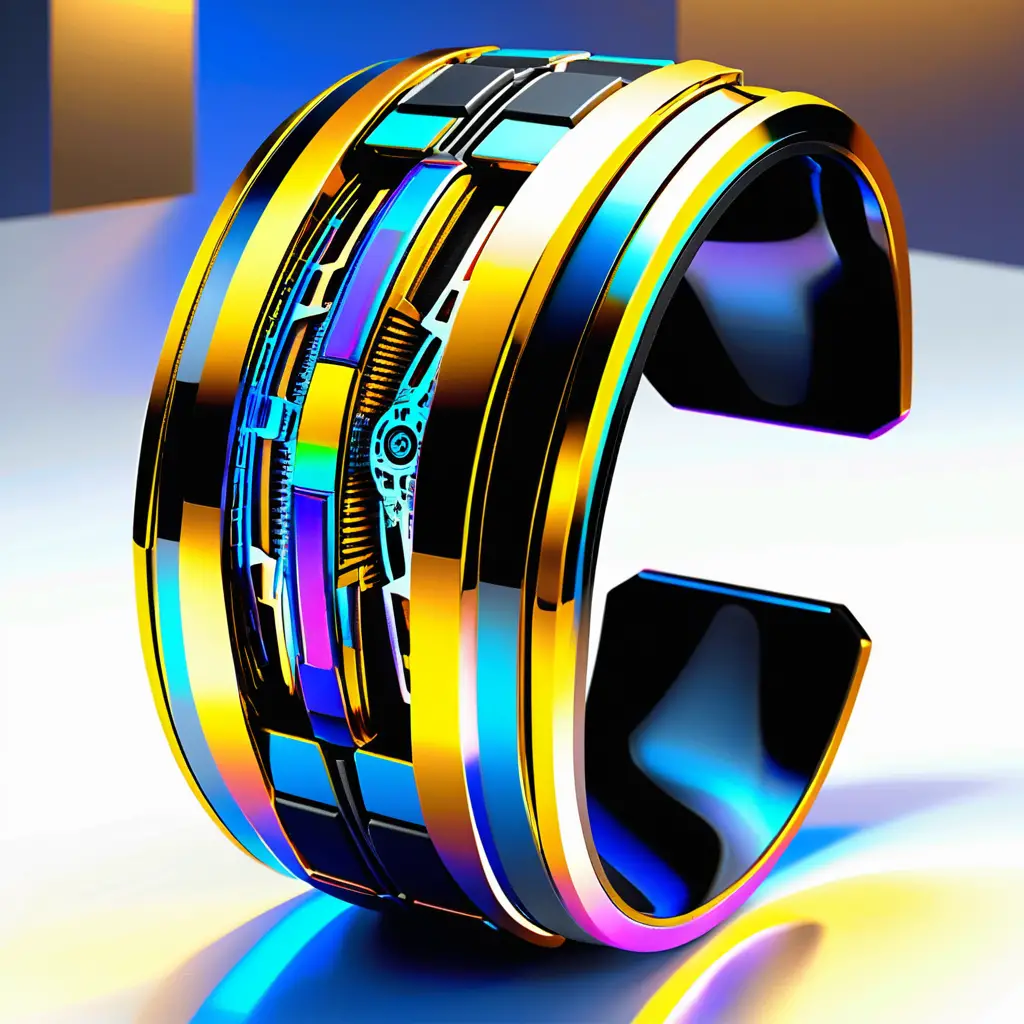 Futuristic alien forearm bracer with integrated touchscreen