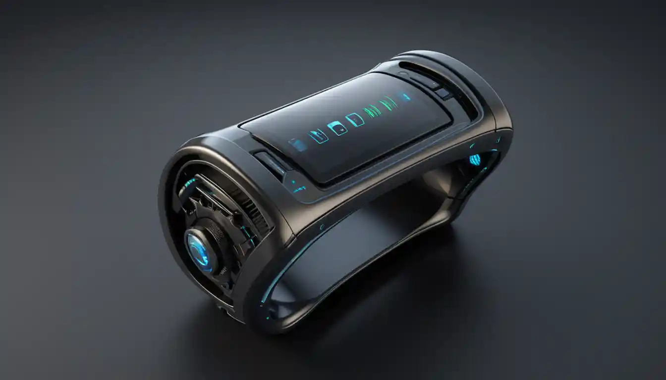 Futuristic alien wrist device with illuminated glass touchscreen