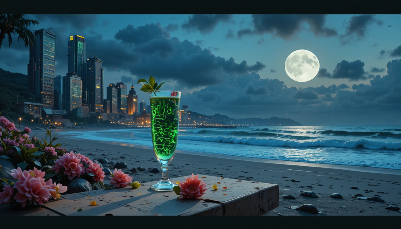 Cocteles de playa 3D futuristas en una serena orilla a la luz de la luna