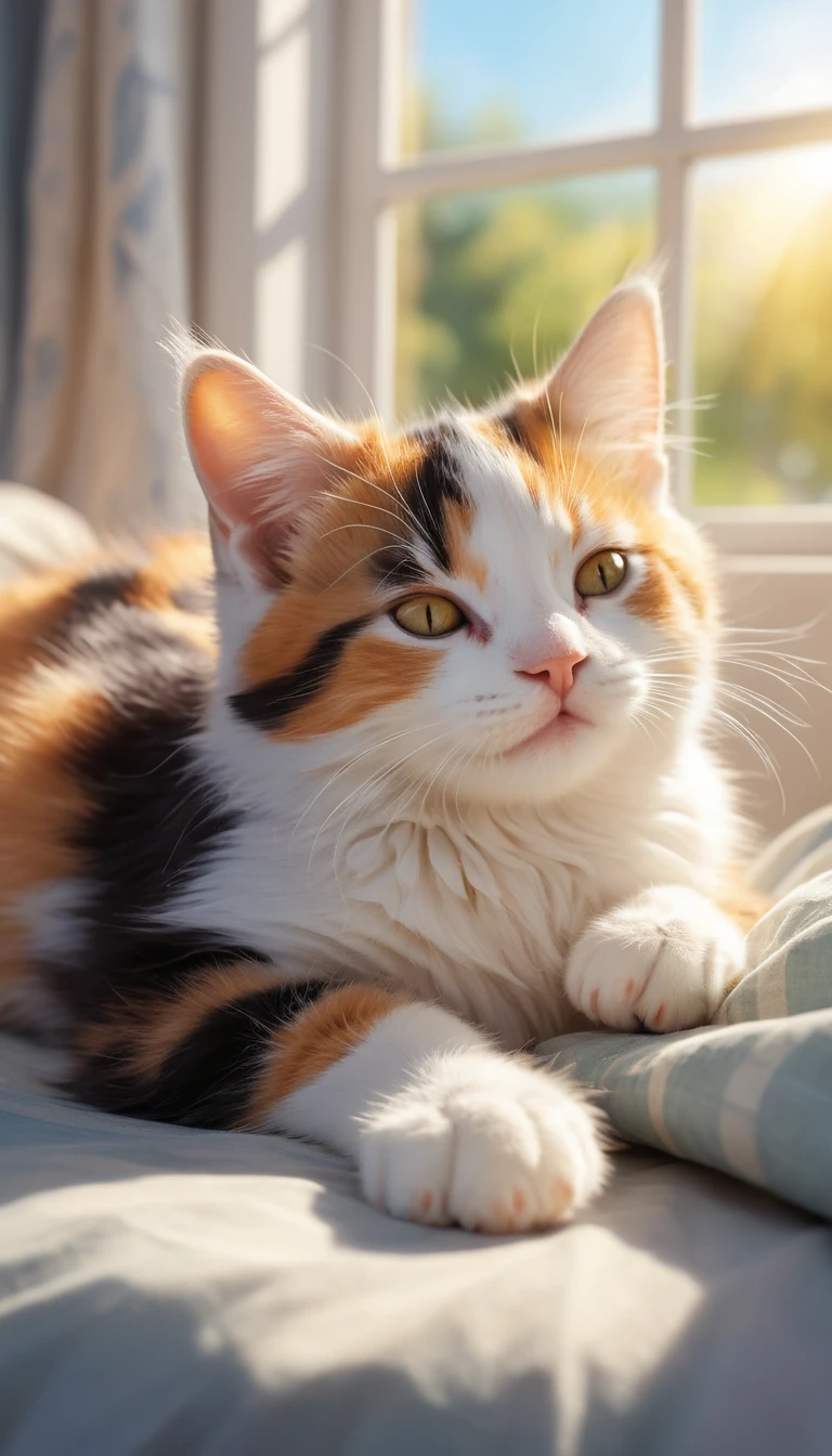 Filhote de gata tricolor dormindo tranquilamente em uma cama aconchegante