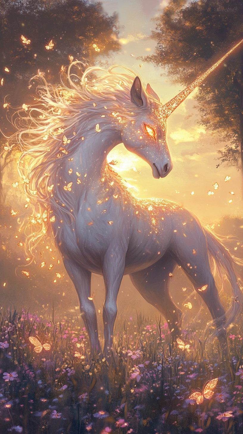 Luminous fantasy creature in a glowing sunrise meadow