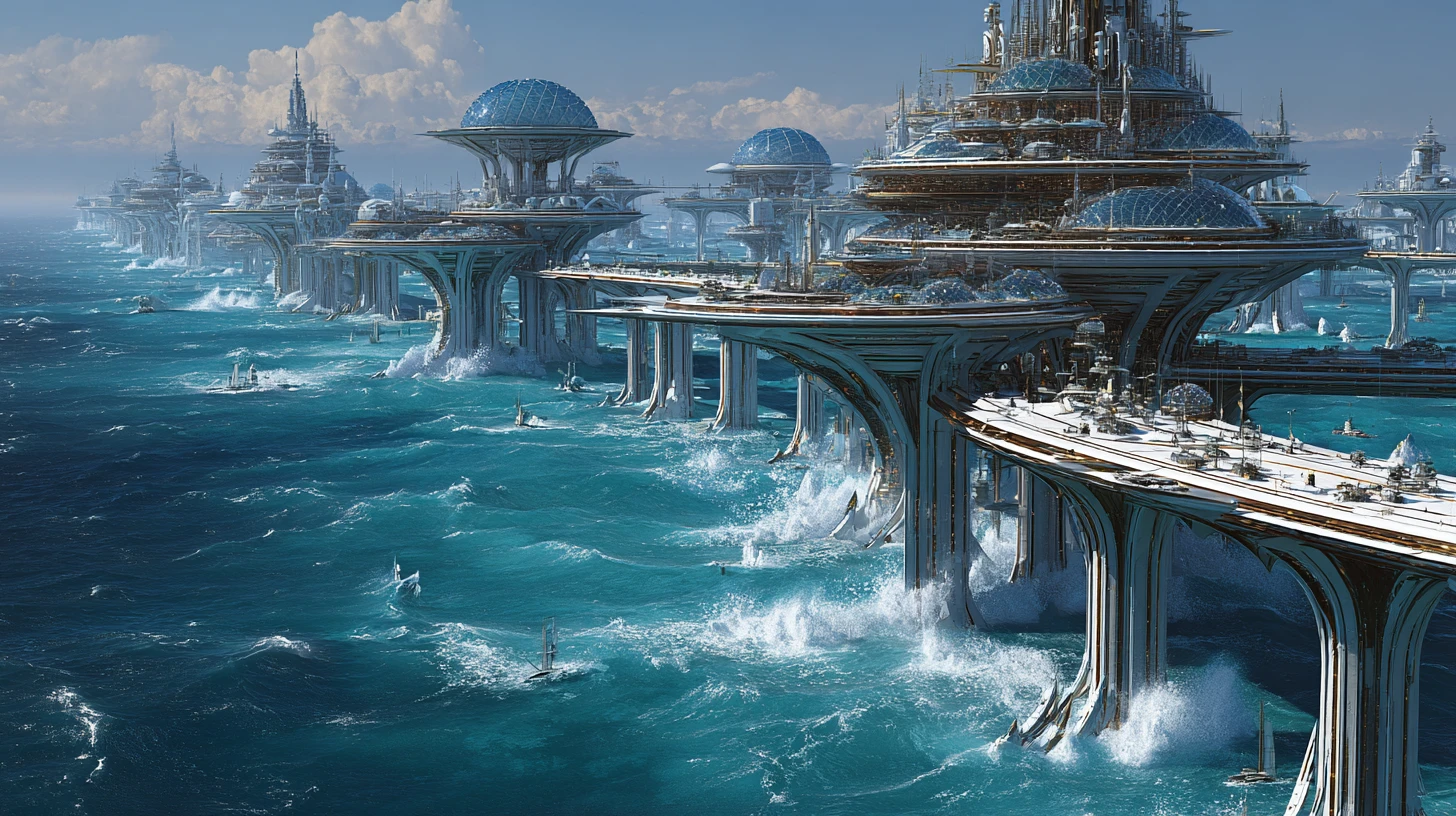Vast futuristic ocean cities connected by elevated highways