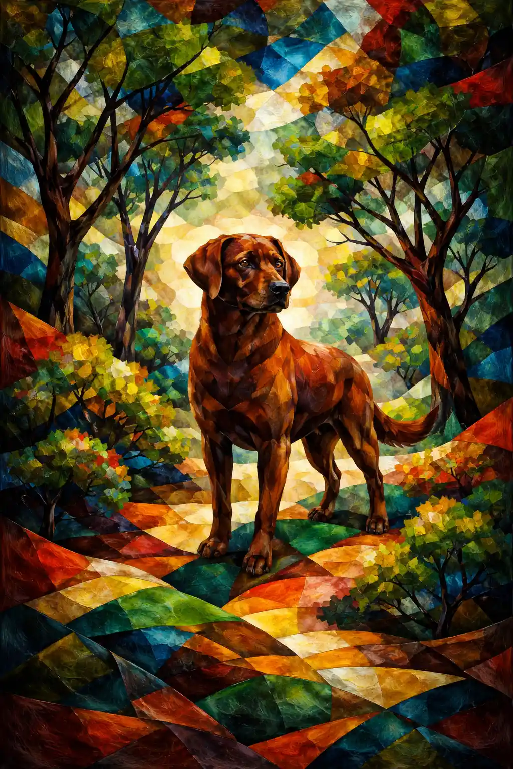 Jardim cubista com um cão gigante no centro