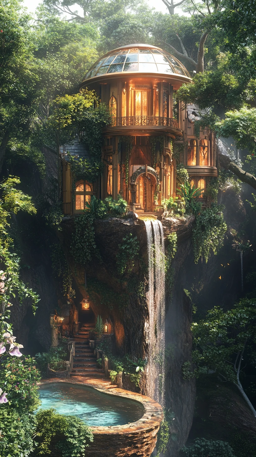 Enchanted Forest Treehouse With Glass Pool Above Cliff
