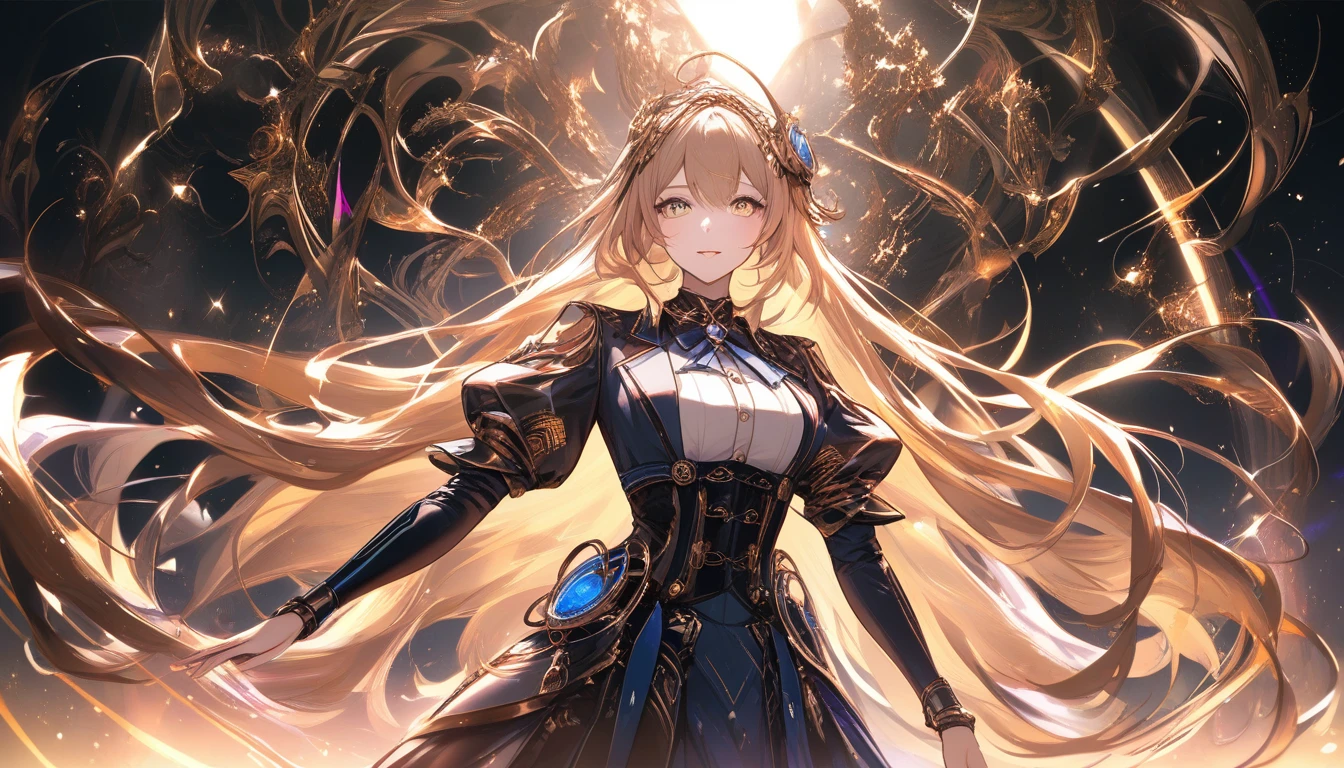 Majestätische Anime-Heldin im leuchtenden Steampunk-Wirbel