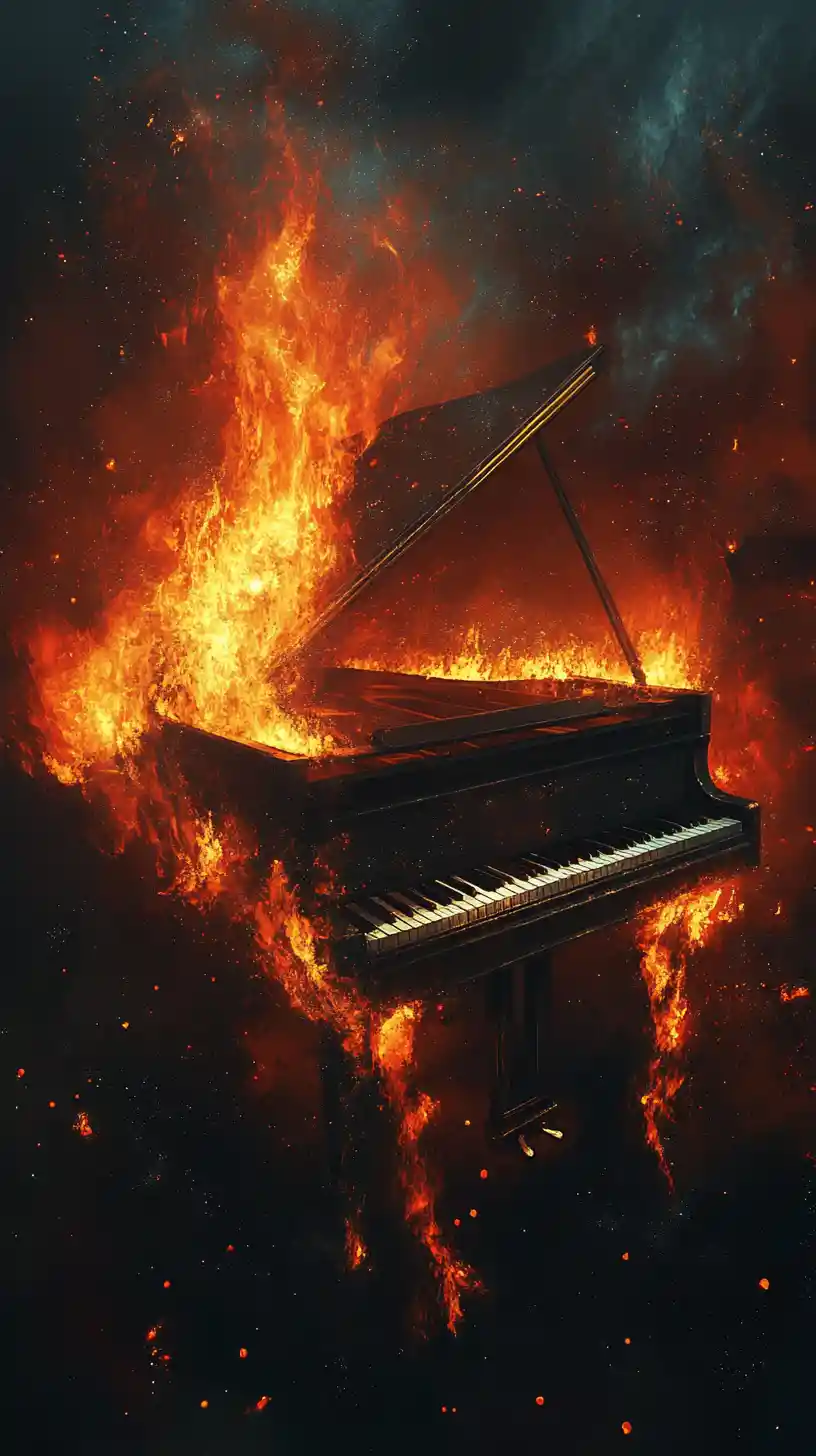 Pianoforte a coda che sorge da fiamme e nebbia turbinanti