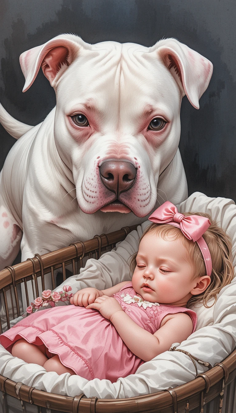 Pit bull albino protegendo bebê menina dormindo no berço