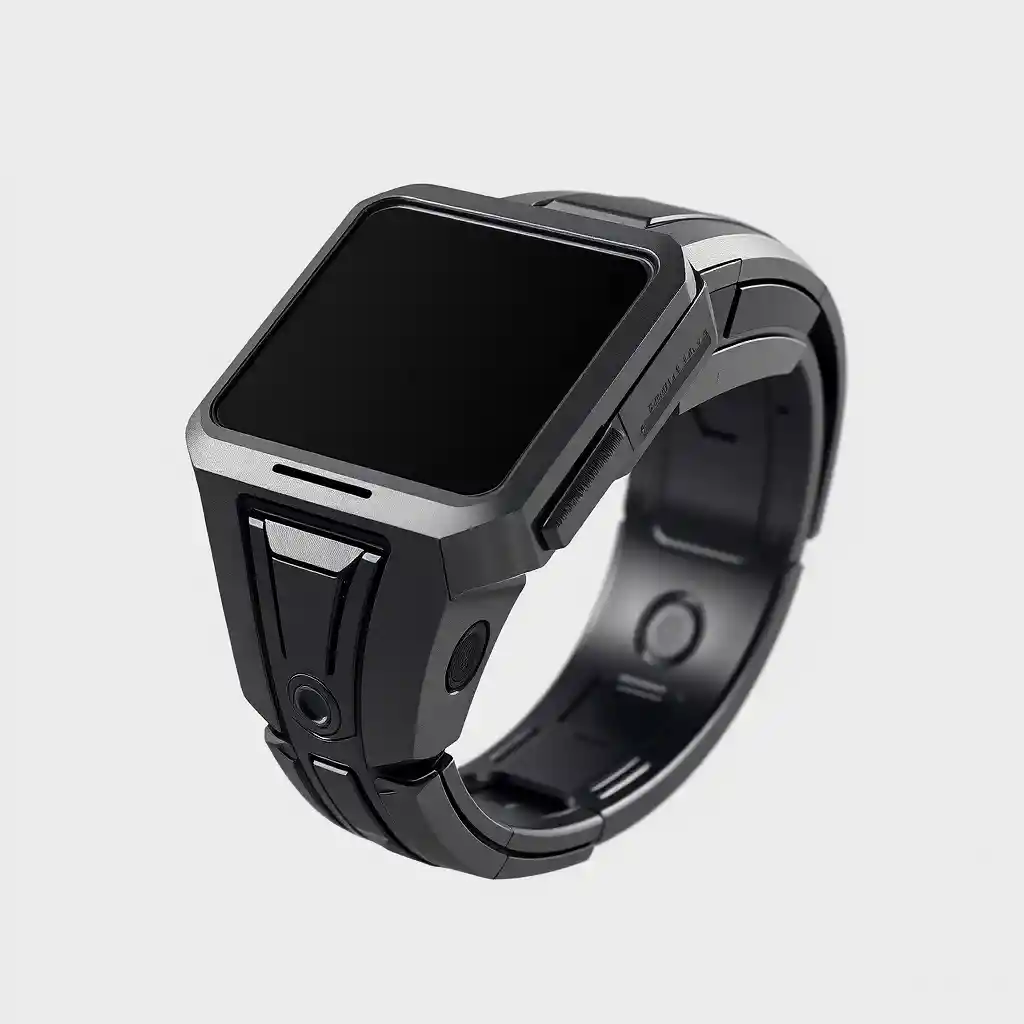 Futuristic alien forearm cuff with integrated touchscreen