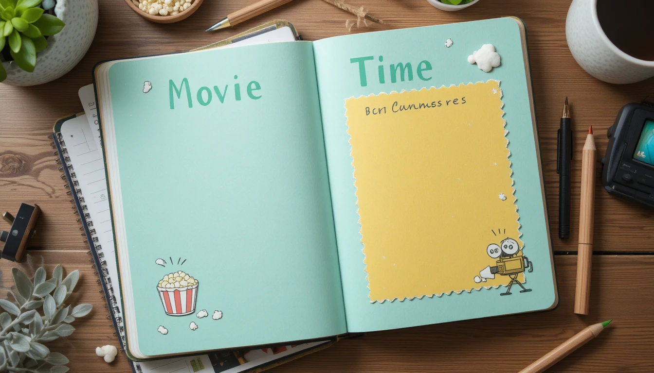Página de diario scrapbook con temática de películas sobre un escritorio acogedor