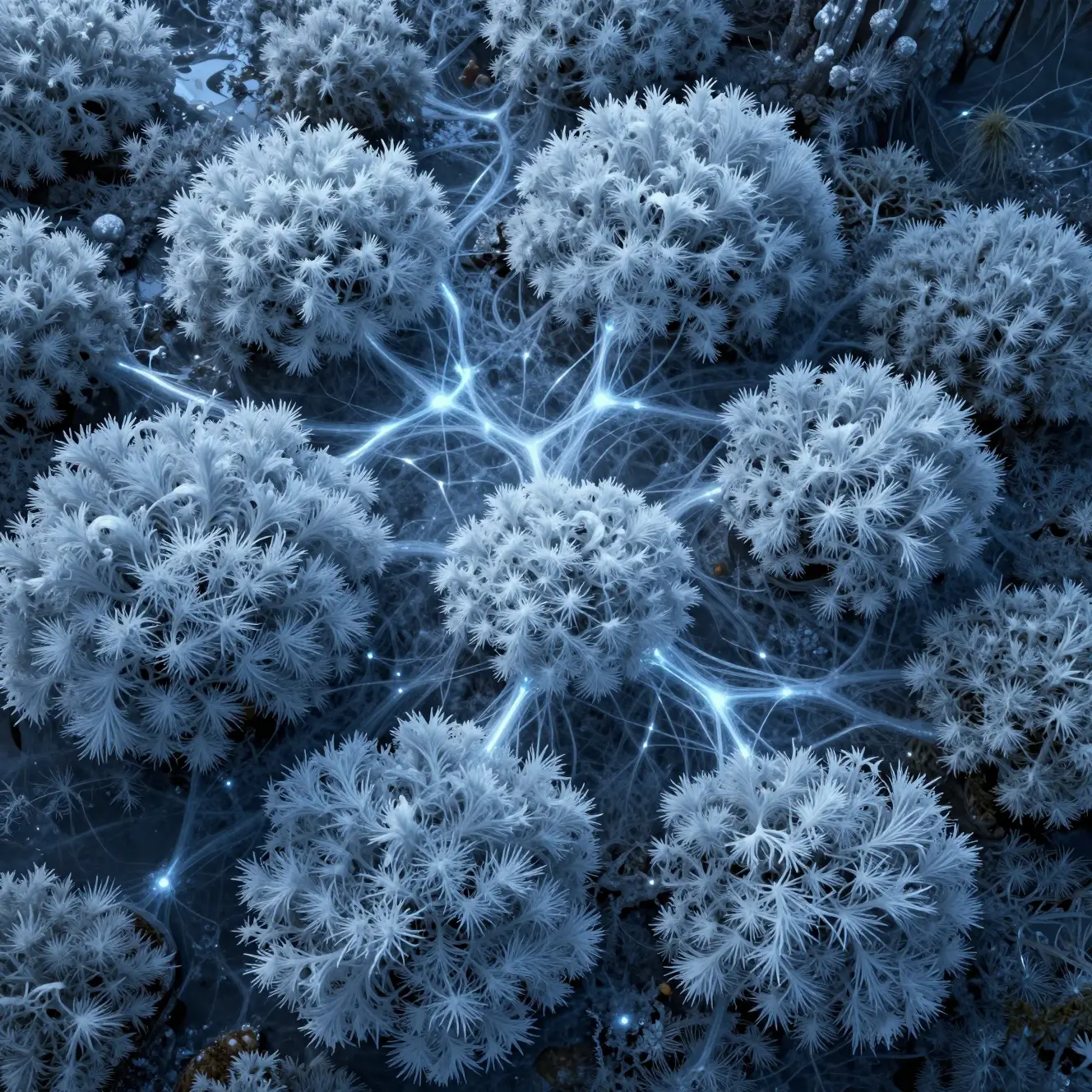 Leuchtendes blaues Moos formt verzweigte geometrische Eismuster