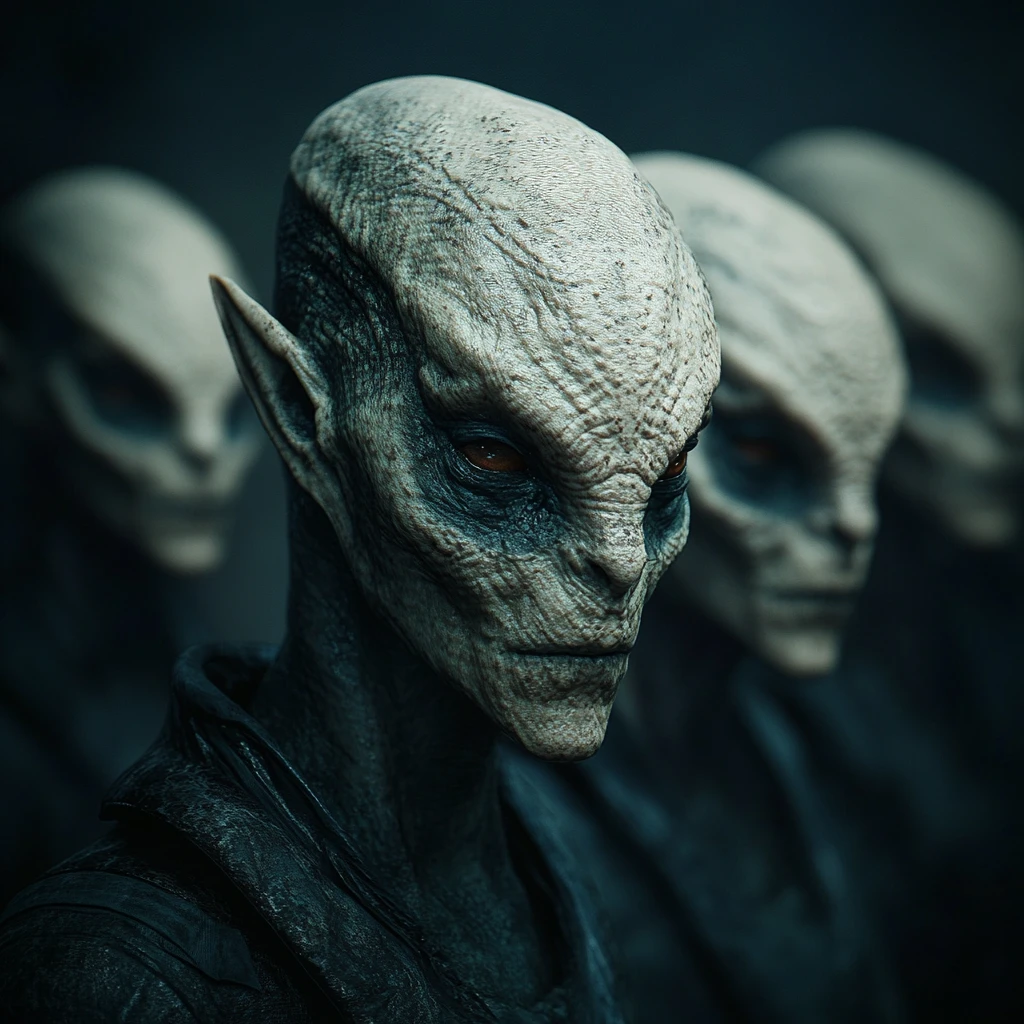 Alien humanoid in glossy black suit against blue background