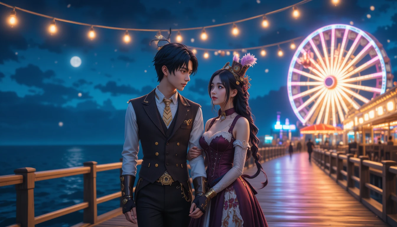Casal de anime em moda steampunk no píer de carnaval à noite