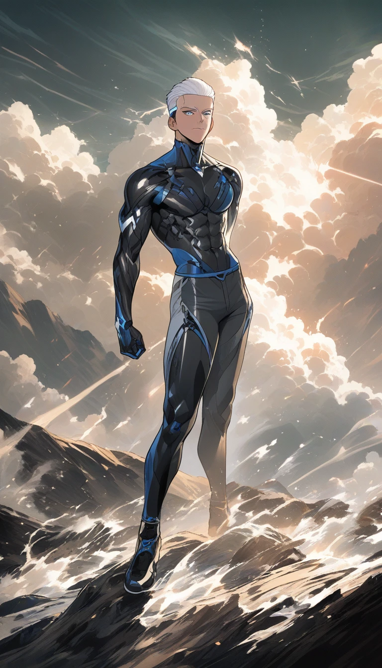 Homem de anime de cabelo branco em cena externa tempestuosa