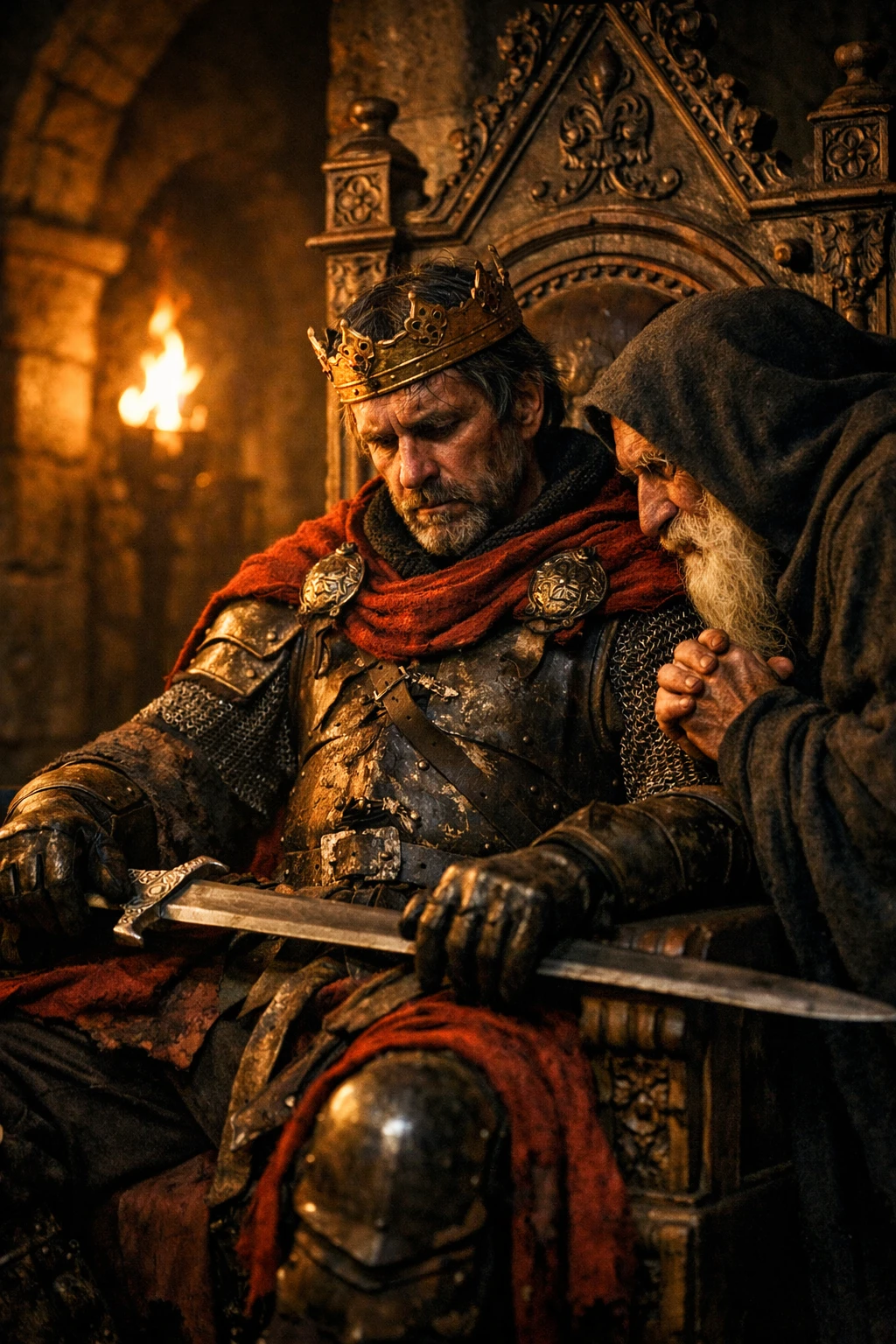 Re medieval esausto sul trono alla luce drammatica delle torce
