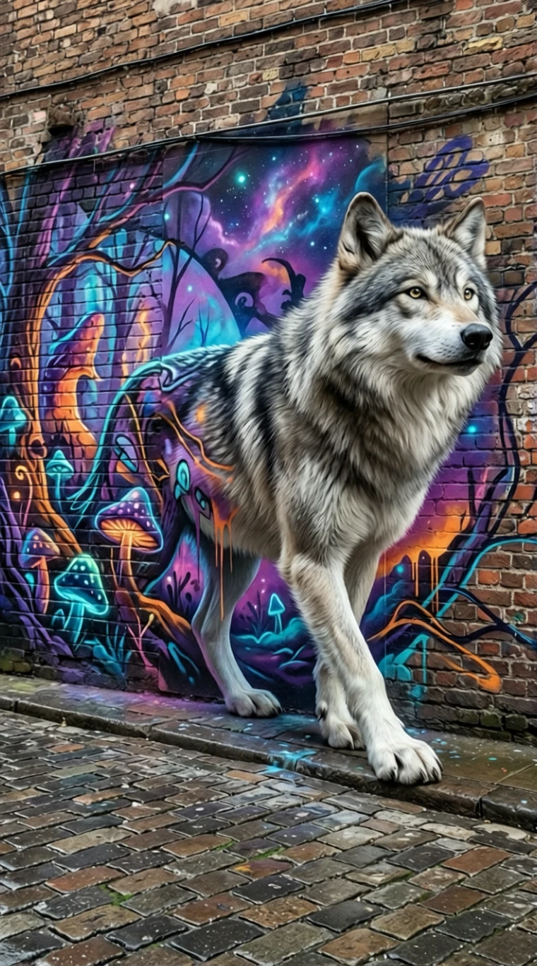 Lobo cinza e branco saindo de mural de floresta em grafite