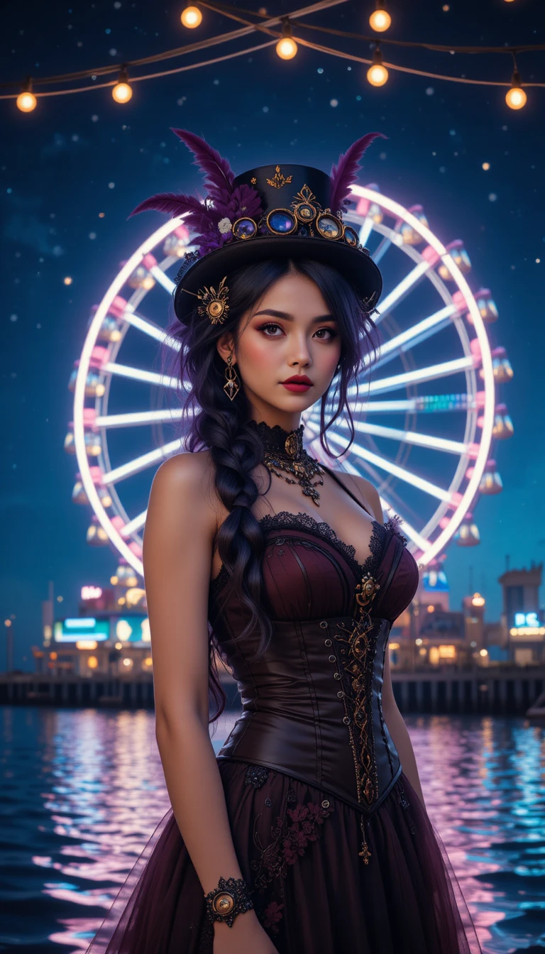 Steampunk woman by neon ferris wheel over calm ocean