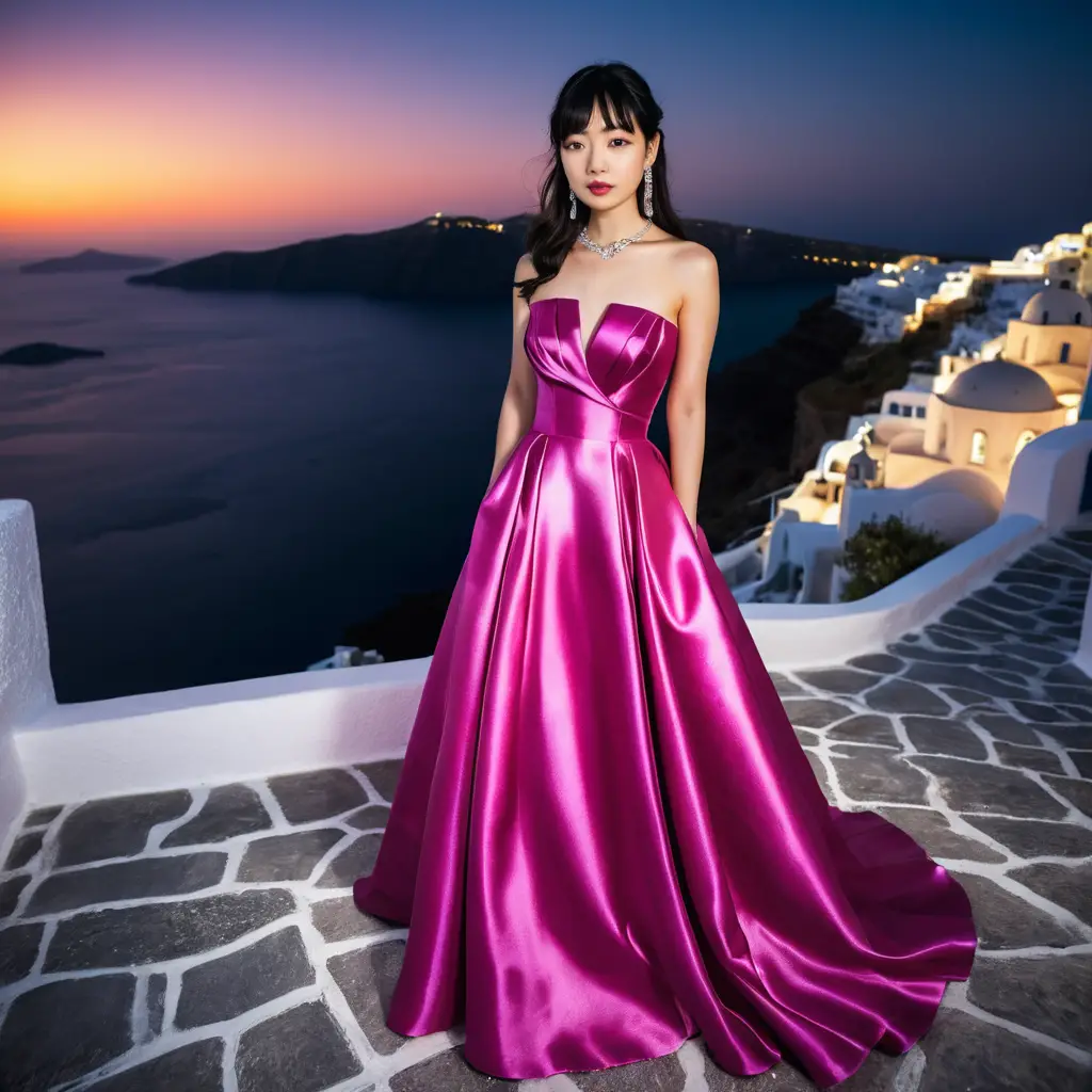 Jovem japonesa elegante em vestido de cetim fúcsia à noite