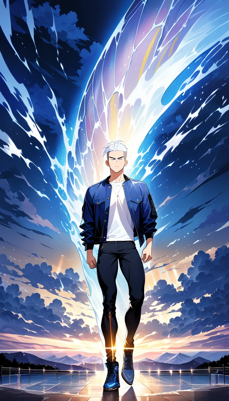 Homem de anime de cabelo branco em retrato corporal completo na tempestade