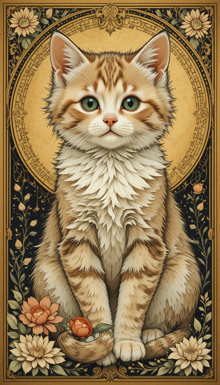 Adorable chaton sur fond art nouveau doré et ornementé