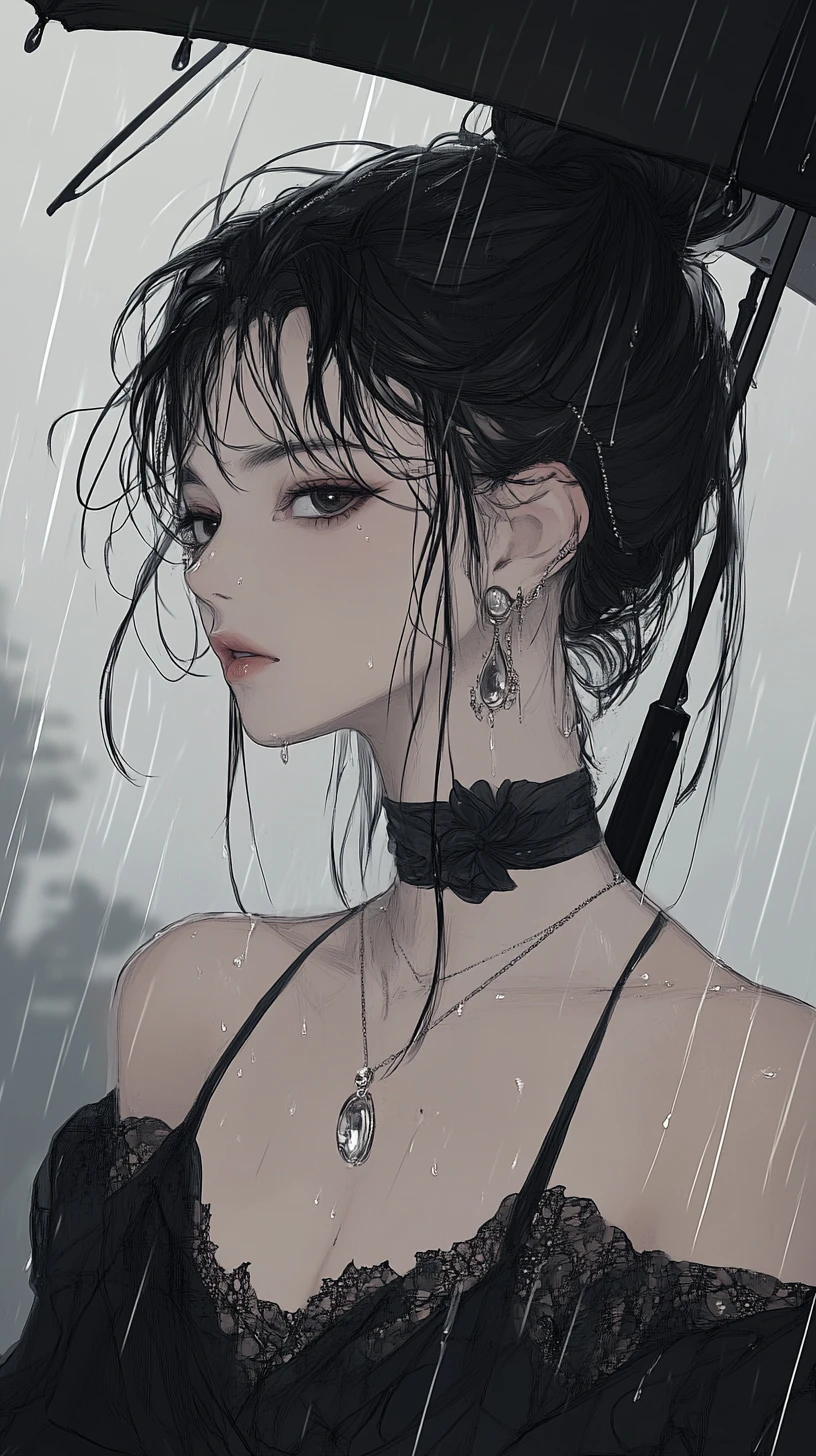 やわらかなベクターカラーで描く雨の中の傘をさした少女